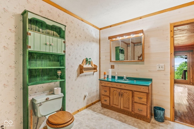 8701 E Splinter Ridge Rd, Madison, IN 47250 - bathroom featuring vanity, wallpapered walls, wood walls, and tile patterned flooring
