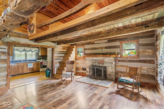 8701 E Splinter Ridge Rd, Madison, IN 47250 - living room featuring wood ceiling, light wood-style floors, a fireplace, and wood walls