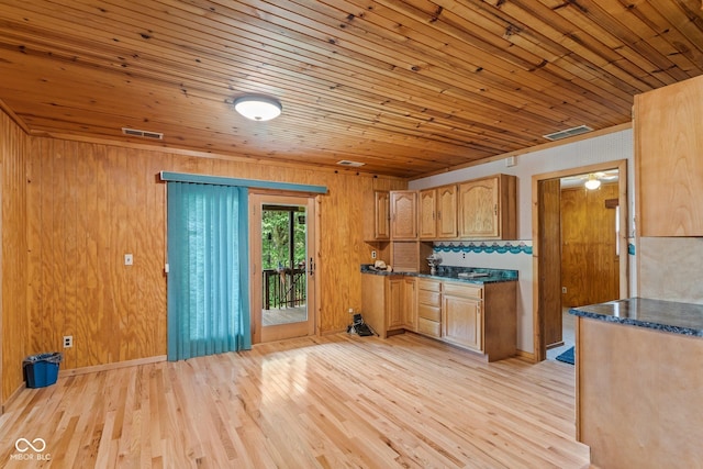 8701 E Splinter Ridge Rd, Madison, IN 47250 - kitchen with light wood-type flooring, wood ceiling, and wooden walls