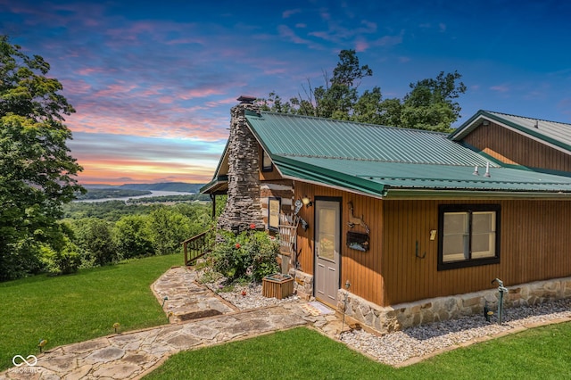 8701 E Splinter Ridge Rd, Madison, IN 47250 - chalet / cabin with a yard, a metal roof, and a chimney