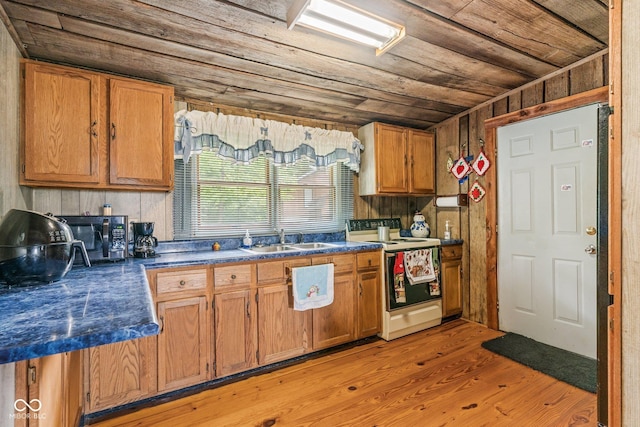 8701 E Splinter Ridge Rd, Madison, IN 47250 - kitchen featuring electric stove, dark countertops, light wood finished floors, wood ceiling, and brown cabinetry