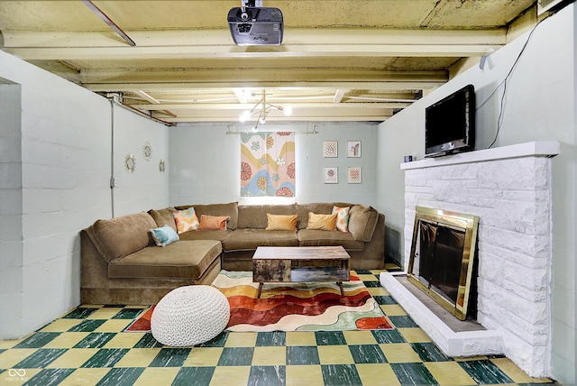 5456 N Park Dr, Indianapolis, IN 46220 - living room featuring tile patterned floors and a stone fireplace