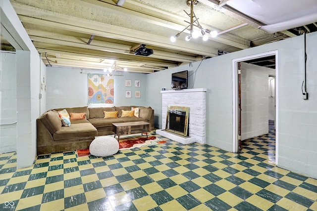 5456 N Park Dr, Indianapolis, IN 46220 - living room with tile patterned floors and a stone fireplace