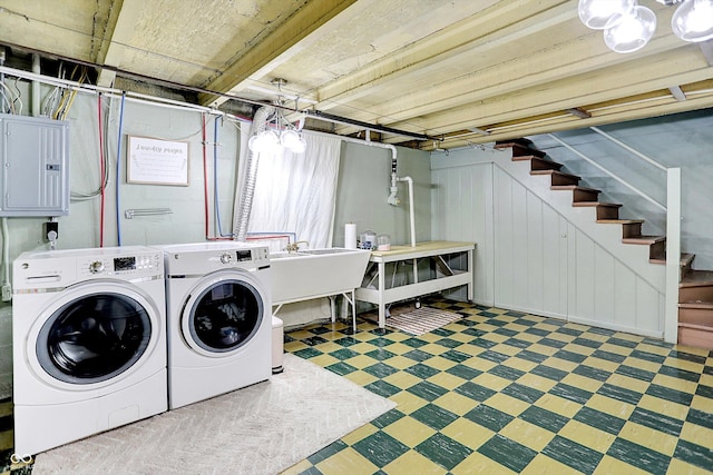 5456 N Park Dr, Indianapolis, IN 46220 - laundry room featuring washing machine and clothes dryer, electric panel, and tile patterned floors