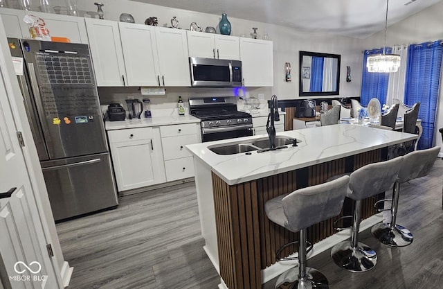 5648 Hyacinth Way, Indianapolis, IN 46254 - kitchen with appliances with stainless steel finishes, light wood-type flooring, white cabinetry, and a breakfast bar area