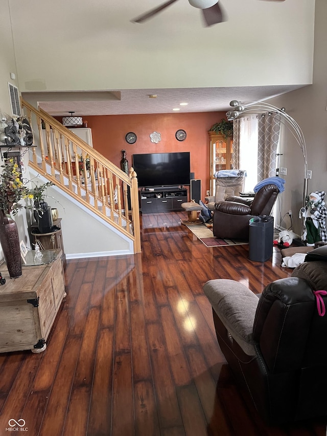 5931 Marina View Ln, Indianapolis, IN 46237 - living room featuring a ceiling fan, hardwood / wood-style floors, and stairs