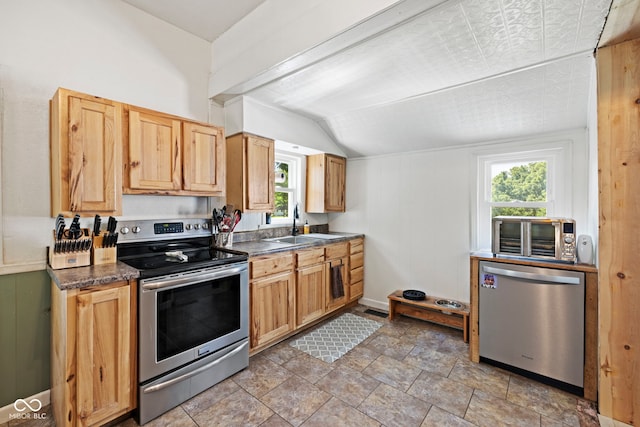 631 S State Road 39, Danville, IN 46122 - kitchen featuring stainless steel appliances, dark countertops, vaulted ceiling, and light stone finish flooring