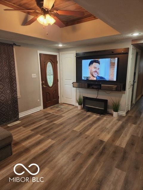 608 High School Dr, Edinburgh, IN 46124 - entrance foyer with wood finished floors, ceiling fan, recessed lighting, a raised ceiling, and wooden ceiling