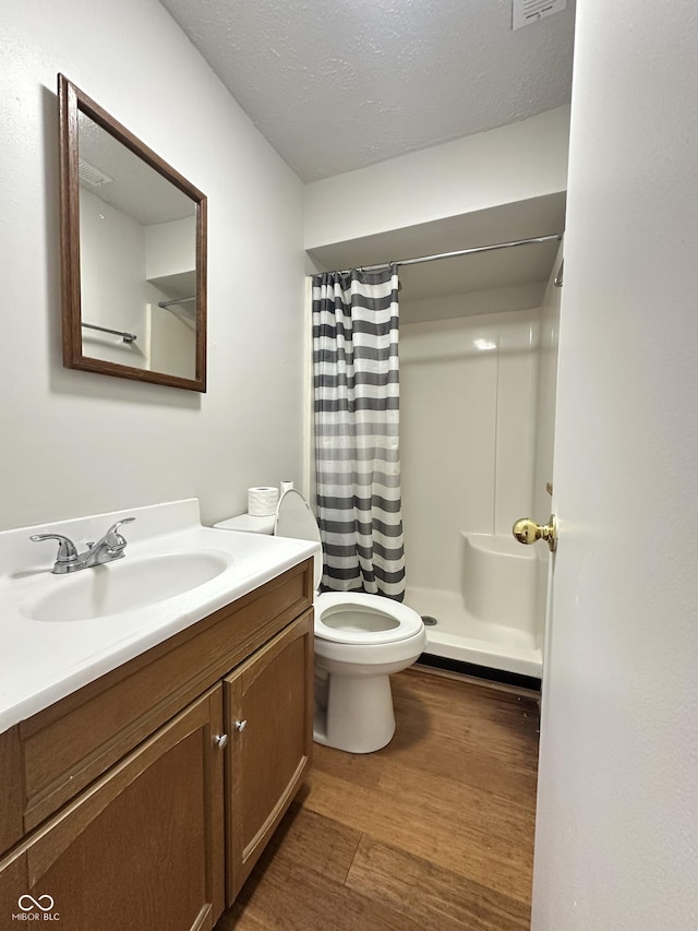 107 S Nebraska St, North Salem, IN 46165 - bathroom featuring wood finished floors, vanity, a shower with curtain, and a textured ceiling