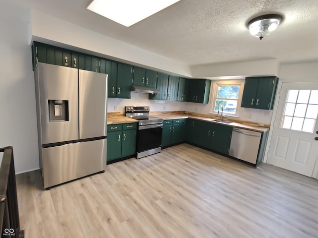 316 E Mechanic St, Shelbyville, IN 46176 - kitchen featuring appliances with stainless steel finishes, under cabinet range hood, green cabinets, light wood finished floors, and a textured ceiling