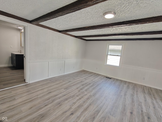 316 E Mechanic St, Shelbyville, IN 46176 - empty room with wood finished floors, beam ceiling, a textured ceiling, and a wainscoted wall