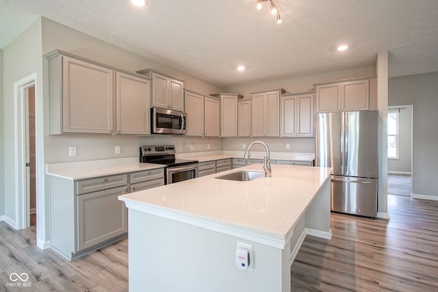 2541 Riviera Pl, Greenwood, IN 46143 - kitchen with appliances with stainless steel finishes, gray cabinetry, light wood-style flooring, and recessed lighting