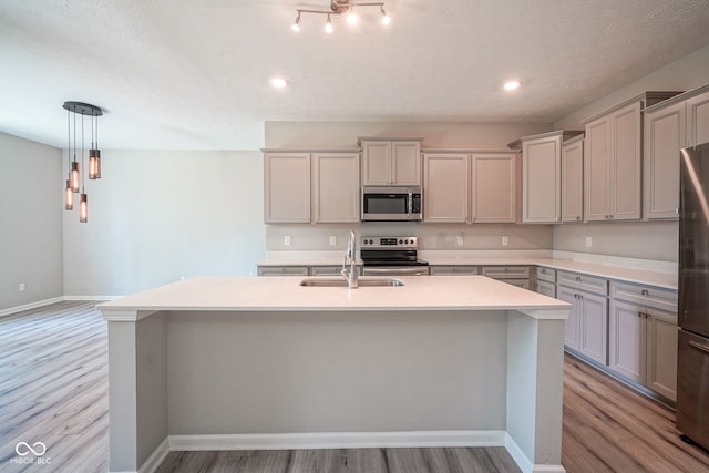 2541 Riviera Pl, Greenwood, IN 46143 - kitchen featuring stainless steel appliances, gray cabinetry, light wood-type flooring, a center island with sink, and recessed lighting