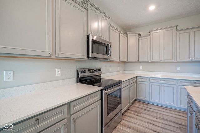 2541 Riviera Pl, Greenwood, IN 46143 - kitchen featuring appliances with stainless steel finishes, a textured ceiling, gray cabinets, light wood-style flooring, and recessed lighting