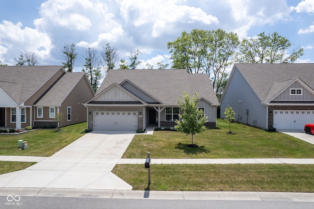 2541 Riviera Pl, Greenwood, IN 46143 - craftsman house featuring board and batten siding, concrete driveway, a front lawn, brick siding, and an attached garage