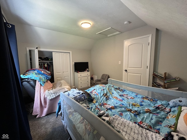 315 W N St, Crawfordsville, IN 47933 - bedroom featuring attic access, lofted ceiling, carpet flooring, a closet, and a textured ceiling