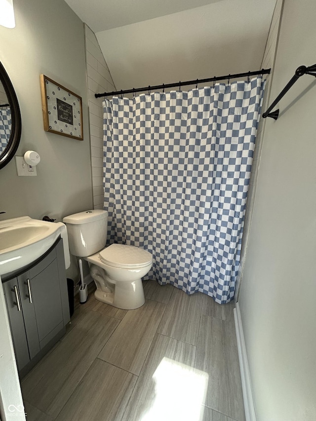 315 W N St, Crawfordsville, IN 47933 - full bathroom featuring vanity, a shower with shower curtain, and vaulted ceiling
