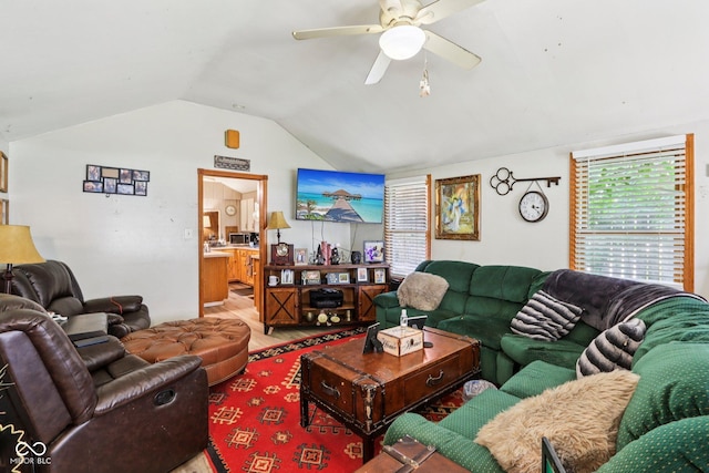 209 Bishop St, Mooresville, IN 46158 - living room featuring vaulted ceiling, a ceiling fan, and plenty of natural light