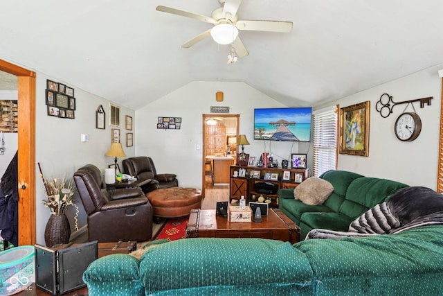 209 Bishop St, Mooresville, IN 46158 - living room featuring vaulted ceiling, ceiling fan, and wood finished floors