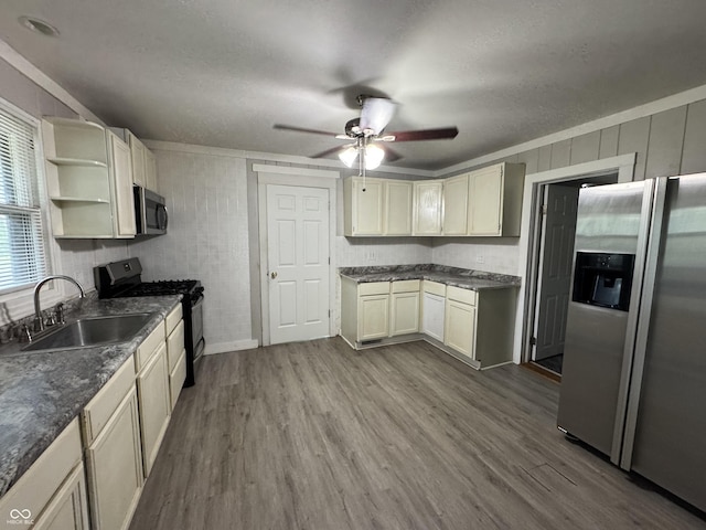 2002 N Audubon Rd, Indianapolis, IN 46218 - kitchen with stainless steel appliances, dark wood-style flooring, a ceiling fan, a textured ceiling, and open shelves
