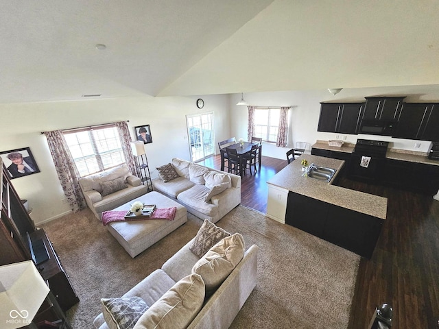 7626 Merrick Dr, Brownsburg, IN 46112 - living room featuring vaulted ceiling, carpet flooring, and wood finished floors