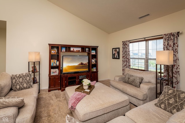 7626 Merrick Dr, Brownsburg, IN 46112 - living room featuring carpet floors and lofted ceiling