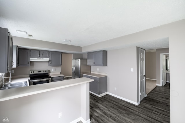 3307 Blue Ash, Indianapolis, IN 46239 - kitchen featuring stainless steel appliances, gray cabinetry, a peninsula, under cabinet range hood, and dark wood-style flooring