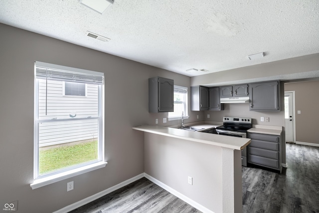 3307 Blue Ash, Indianapolis, IN 46239 - kitchen with stainless steel electric stove, gray cabinets, a peninsula, dark wood-style flooring, and a textured ceiling