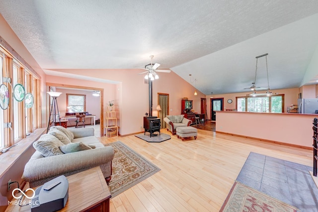 8910 Richarts Rd, Morgantown, IN 46160 - living area featuring a wood stove, ceiling fan, healthy amount of natural light, wood finished floors, and lofted ceiling