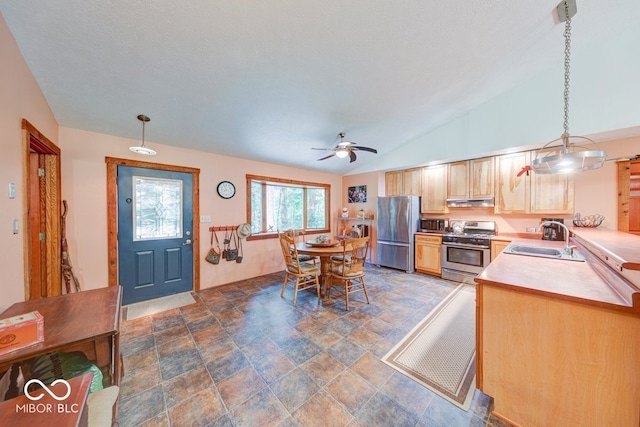 8910 Richarts Rd, Morgantown, IN 46160 - kitchen featuring appliances with stainless steel finishes, stone finish floors, decorative light fixtures, ceiling fan, and vaulted ceiling