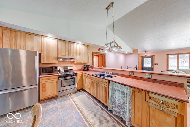 8910 Richarts Rd, Morgantown, IN 46160 - kitchen with appliances with stainless steel finishes, under cabinet range hood, a peninsula, lofted ceiling, and light brown cabinets