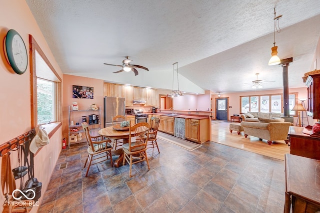 8910 Richarts Rd, Morgantown, IN 46160 - dining room with ceiling fan, vaulted ceiling, healthy amount of natural light, dark stone finish flooring, and a textured ceiling