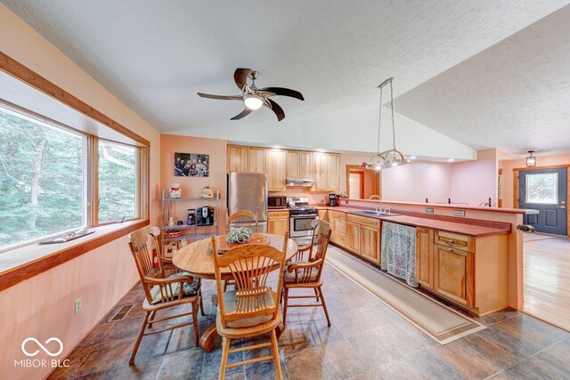 8910 Richarts Rd, Morgantown, IN 46160 - dining space with lofted ceiling, ceiling fan, and a textured ceiling