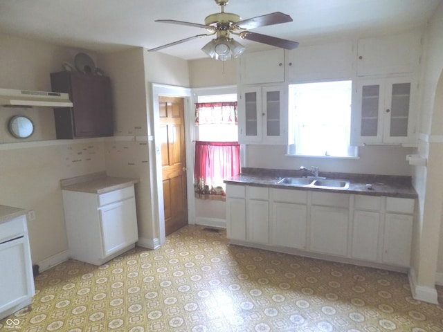 940 N Grant Ave, Indianapolis, IN 46201 - kitchen featuring under cabinet range hood, a ceiling fan, white cabinetry, and glass insert cabinets