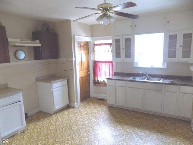 940 N Grant Ave, Indianapolis, IN 46201 - kitchen featuring under cabinet range hood, a ceiling fan, white cabinets, and glass insert cabinets