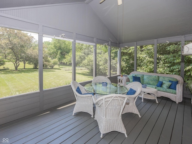 8708 Highwood Ln, Indianapolis, IN 46278 - sunroom / solarium featuring vaulted ceiling, a ceiling fan, outdoor dining space, and outdoor lounge area