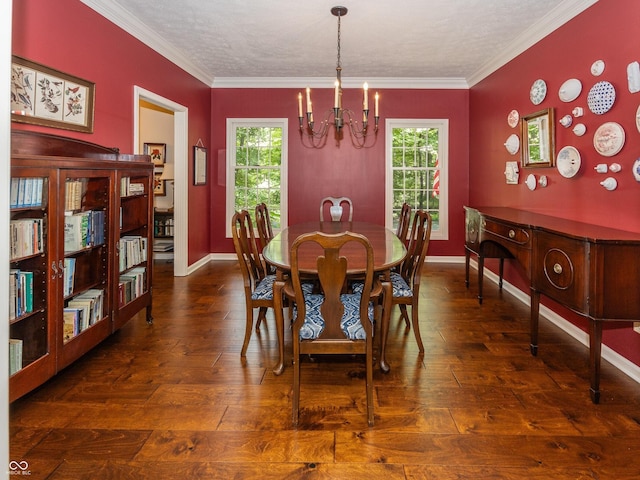 8708 Highwood Ln, Indianapolis, IN 46278 - dining space with a chandelier, dark wood-style floors, plenty of natural light, and crown molding
