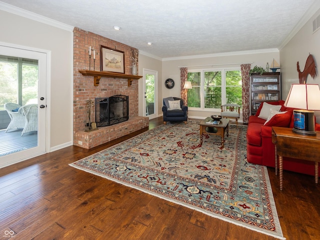 8708 Highwood Ln, Indianapolis, IN 46278 - living area with hardwood / wood-style flooring, ornamental molding, a fireplace, recessed lighting, and a textured ceiling