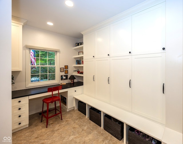 8708 Highwood Ln, Indianapolis, IN 46278 - mudroom with built in study area, recessed lighting, and light floors