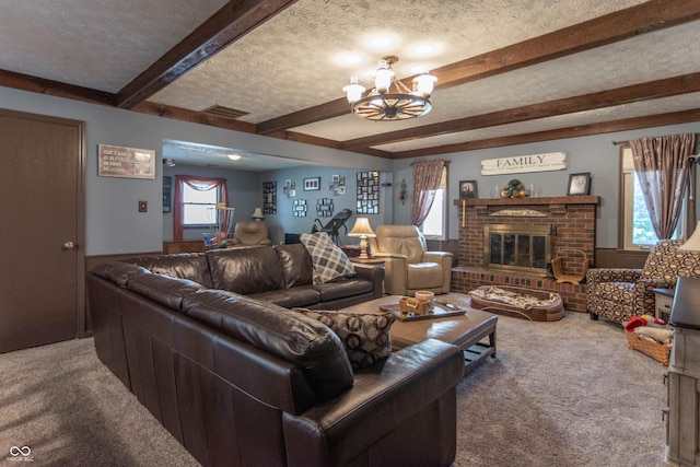 5237 Honey Comb Ln, Indianapolis, IN 46221 - carpeted living room with beam ceiling, a chandelier, a textured ceiling, and a fireplace