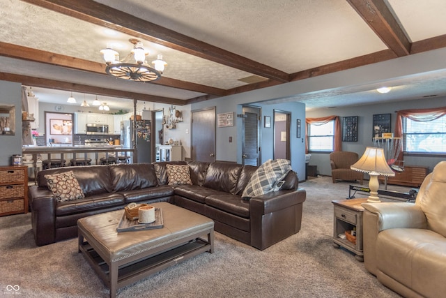 5237 Honey Comb Ln, Indianapolis, IN 46221 - carpeted living area featuring beam ceiling, a chandelier, and a textured ceiling