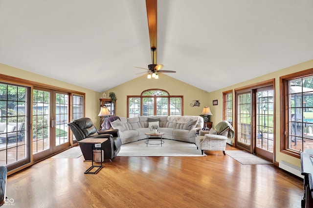 5238 N 225 E, Whiteland, IN 46184 - living area with wood finished floors, a ceiling fan, a baseboard radiator, and french doors