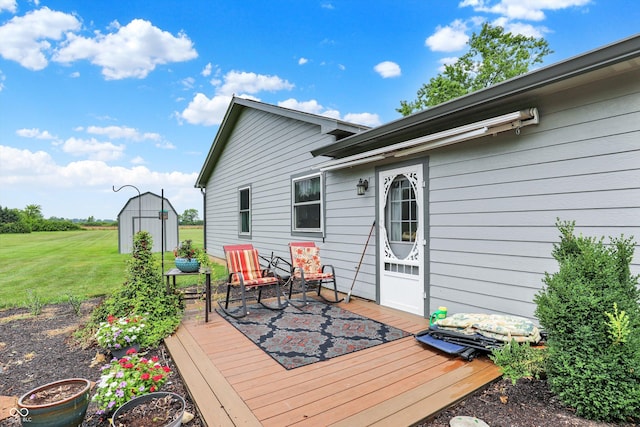 5238 N 225 E, Whiteland, IN 46184 - wooden terrace with a storage unit and a lawn