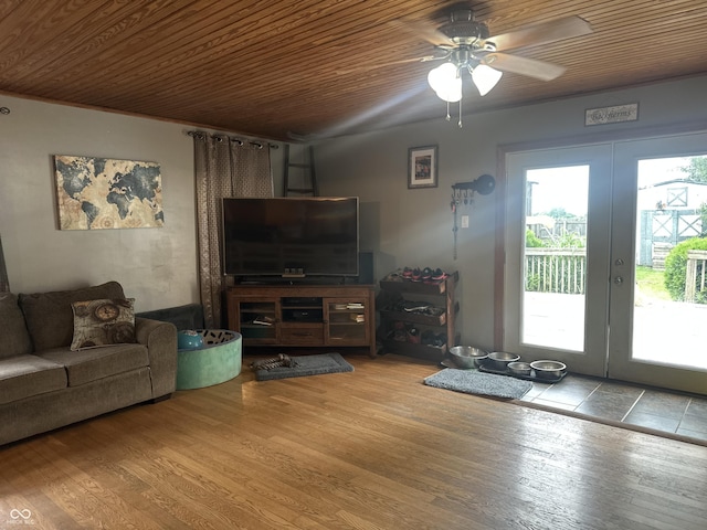 806 W Park Rd, Greensburg, IN 47240 - living area with french doors, a ceiling fan, wood finished floors, and wood ceiling