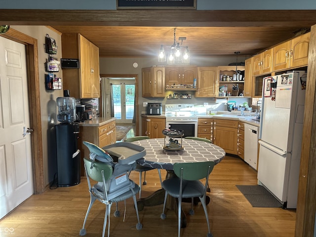 806 W Park Rd, Greensburg, IN 47240 - kitchen with white appliances, light wood-type flooring, open shelves, hanging light fixtures, and light countertops