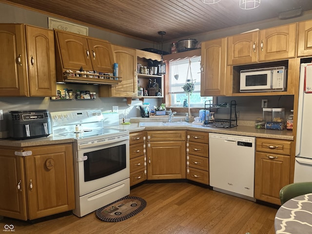 806 W Park Rd, Greensburg, IN 47240 - kitchen featuring white appliances, wooden ceiling, wood finished floors, light countertops, and open shelves