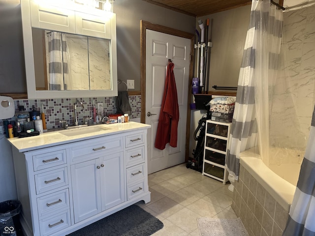 806 W Park Rd, Greensburg, IN 47240 - full bath featuring decorative backsplash, vanity, tile patterned floors, and tiled shower / bath combo