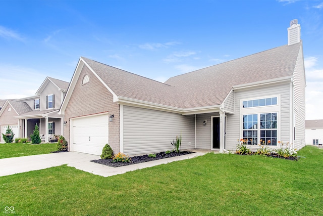 990 Constellation Way, Franklin, IN 46131 - view of front of property featuring an attached garage, a front lawn, concrete driveway, and a chimney