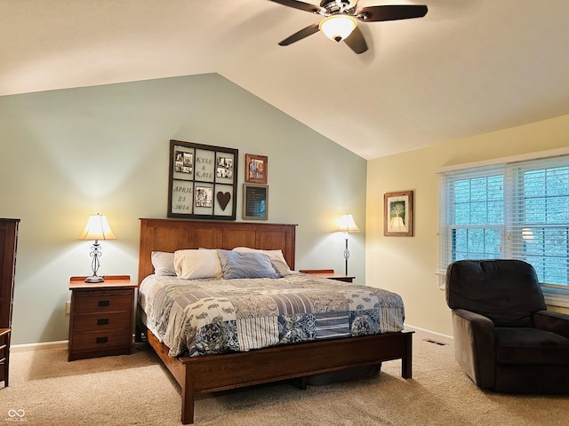 9975 Woodstock Way, Fishers, IN 46037 - bedroom featuring light colored carpet, vaulted ceiling, and a ceiling fan