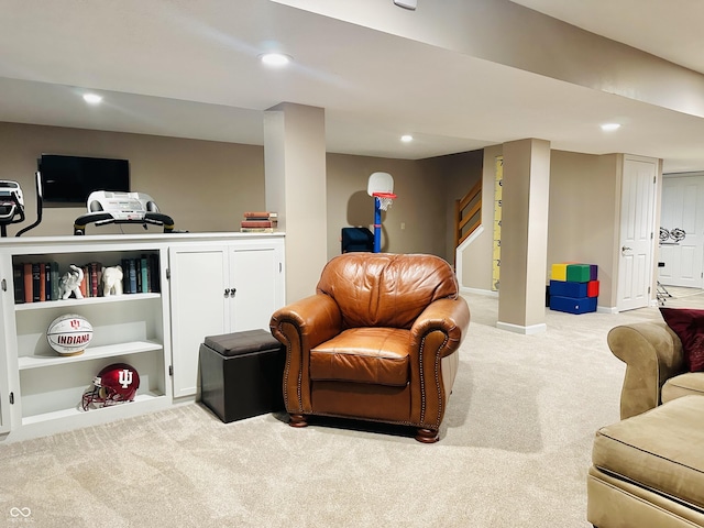 9975 Woodstock Way, Fishers, IN 46037 - living area featuring light carpet, recessed lighting, and stairs